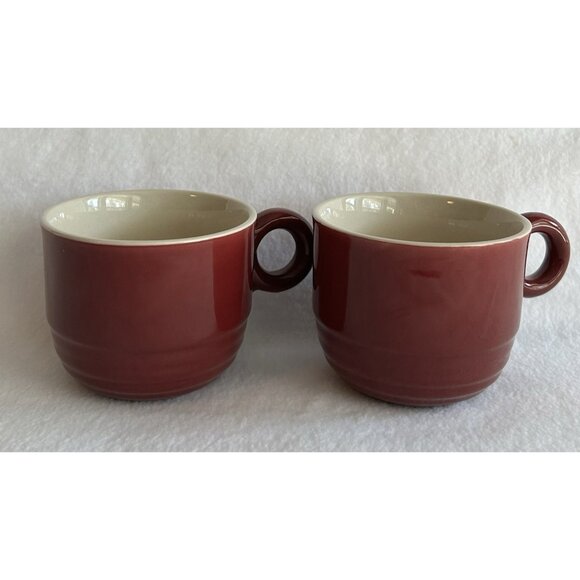 New Country Collection Maroon Red Coffee Mugs Tea Cups Ring Handle Korea - Picture 1 of 5